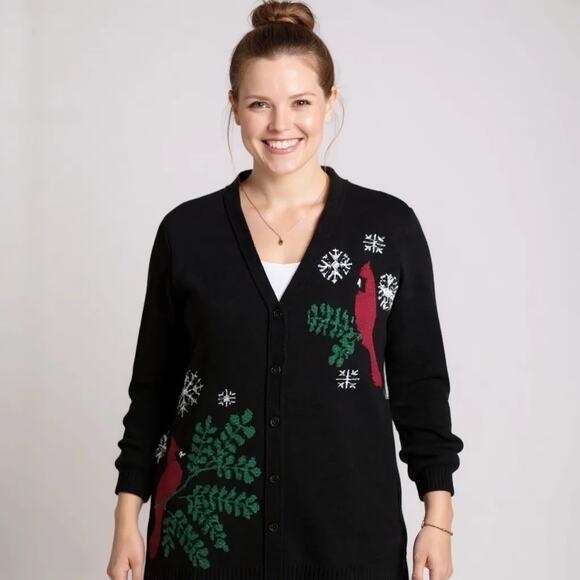 Woman Within Plus Size Christmas Cardigan Black 3X 30 32 Cardinal & Snowflakes - Picture 1 of 11